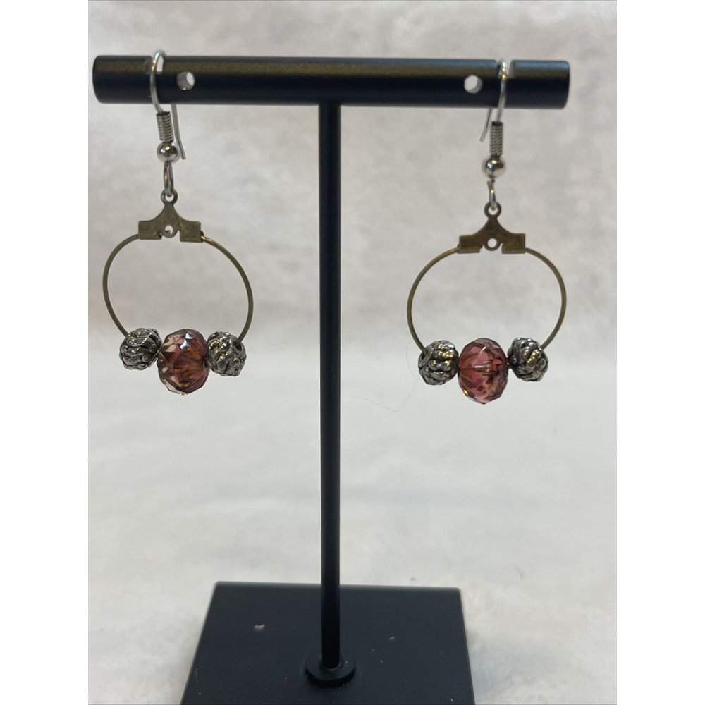 Womens‎ Fishhook Beaded Earrings Goldtone With Purple/brown Beads